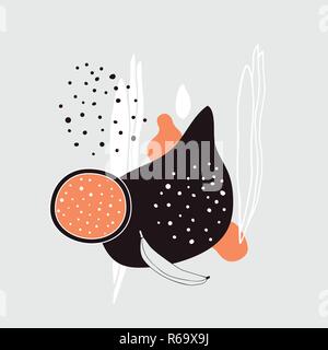 Stilvolle Hintergrund mit abstrakten Hand gezeichnet design elemente Polka Dots und exotische Früchte Banana Dragon Fruit slice Schwarz Weiß Grau orange Farben Stock Vektor