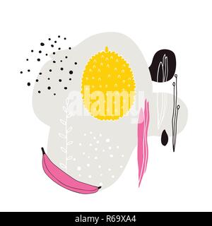 Hand abstrakte Elemente Simple Line Art Doodle Blumen Pflanzen und exotischen tropischen Früchten jackfruit Banane einzigartiges elegantes Design gezeichnet Stock Vektor