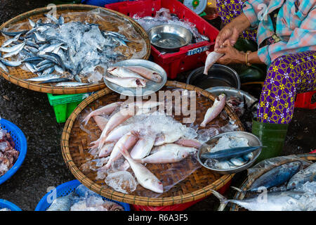 Straßenhändler in Hue, Vietnam traditionellen Fischmarkt Leute verkaufen frischen Fisch auf dem Bürgersteig. Stockfoto