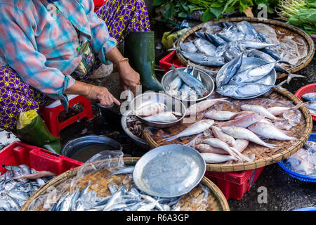 Straßenhändler in Hue, Vietnam traditionellen Fischmarkt Leute verkaufen frischen Fisch auf dem Bürgersteig. Stockfoto