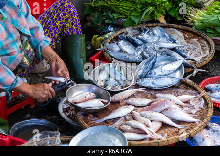 Straßenhändler in Hue, Vietnam traditionellen Fischmarkt Leute verkaufen frischen Fisch auf dem Bürgersteig. Stockfoto