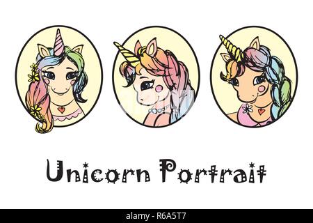 Ziemlich Unicorn Girl Portrait, Hand gezeichnet Vector Illustration auf weißem Hintergrund Stock Vektor