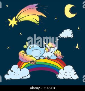 Сute Einhorn schlafen auf dem Regenbogen, Himmel mit Mond, Sternen und Kometen, Hand gezeichnet Vector Illustration Stock Vektor