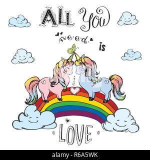 Paar Einhörner auf Rainbow mit Beschriftung - alles, was Sie brauchen, ist Liebe, Hand gezeichnet Vector Illustration Stock Vektor