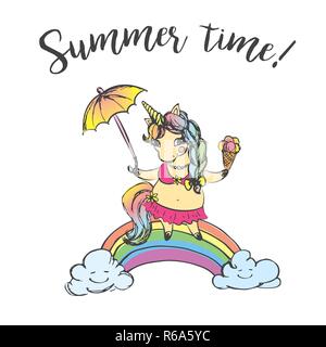 Süße Mädchen Einhorn trägt einen Badeanzug und halten ein Eis und einen Regenschirm, Sommer Zeit, hand Vector Illustration gezeichnet Stock Vektor