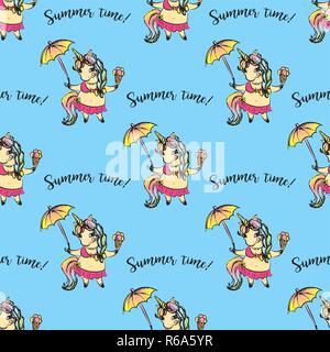 Nahtlose Muster Cute girl Einhorn einen Badeanzug tragen und halten ein Eis und einen Regenschirm, Sommer Zeit, hand Vector Illustration gezeichnet Stock Vektor