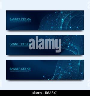 Abstrakte Moleküle Banner mit Linien, Punkte, Kreise, Polygone. Vektor Design Netzwerk kommunikation Hintergrund. Futuristische digitale Wissenschaft Technologie Konzept für Web Banner Vorlage oder Broschüre. Stock Vektor