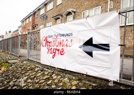 Bury St Edmunds, Großbritannien - 22 November 2018: Ein Banner Werbung Die jährliche Bury St Edmunds christmas Fayre Stockfoto