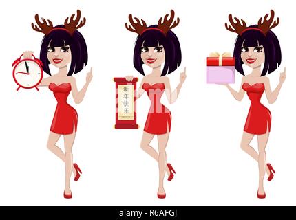 Weihnachten Grußkarte. Schöne Frau tragen lustige Maske mit Rentier Hörner, der drei Posen. Lächelnd cartoon Charakter. Schriftzug übersetzt einen Stock Vektor