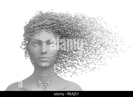Pixelated Kopf einer Frau und 3D-Pixel wie Haar isoliert auf weißem Hintergrund. 3D-Darstellung.