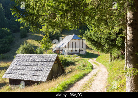 Traditionelle hölzerne Hütte Hütte in den Alpen auf ländliche Landschaft in der slowenischen Julischen Alpen, Slowenien. Stockfoto