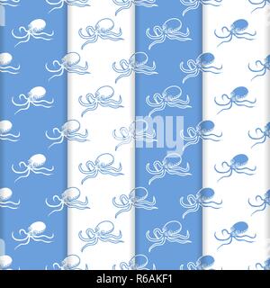 Satz 4 Vector nahtlose Muster mit Kraken. Meer Einwohner. Tiere unter Wasser. Design für die Verpackung, Stoff, marine Hintergrund drucken. Stock Vektor
