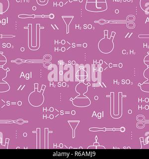 Wissenschaftliche Vektor nahtlose Muster mit Flaschen, Brenner, Trichter, Werkzeuge und Formeln. Bildung Elemente. Chemie, Biologie, Medizin. Stock Vektor