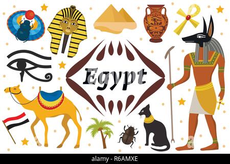 Alte Magie Ägypten Symbole Objekte. Sammlung design elemente Hexe Trauer Käfer, Pharao, Pyramide, Ankh, Anubis, Camel, antiken Hieroglyphen. Auf weissem Hintergrund. Vector Illustration Stock Vektor