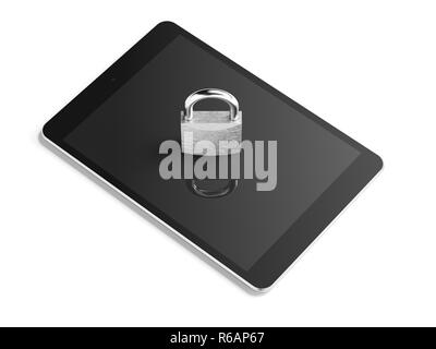 Silber Schloss auf dem Tablet-PC. 3D-Rendering Stockfoto