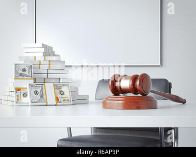 Büro Tisch mit einem Hammer Richter und Geld. 3D-Rendering Stockfoto