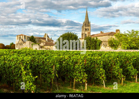 Sonnige Landschaft der Weinberge von Bordeaux in Saint Emilion in der Region Aquitaine, Frankreich an einem sonnigen Tag Stockfoto