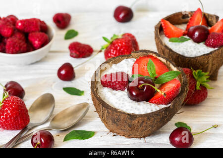 Kokosnuss Schalen mit Chia Samen Milchreis mit Beeren, Minze und Löffel für das gesunde Frühstück über weiße Holztisch. Nach oben Schließen Stockfoto