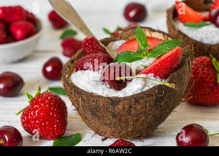 Kokosnuss Schalen mit Chia Samen Milchreis mit frischen Beeren, Minze und Löffel für gesundes Frühstück über weiße Holztisch. Nach oben Schließen Stockfoto