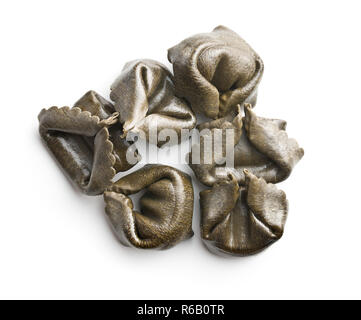 Tintenfisch tortellini Pasta auf weißem Hintergrund. Stockfoto