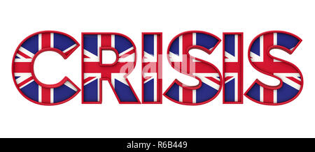 Krise Wort von Union Jack Flagge Schriftzug. 3D-Rendering Stockfoto