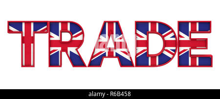 Handel Wort aus Union Jack Flagge Schriftzug. 3D-Rendering Stockfoto