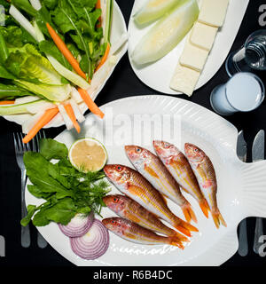 Frische rote Meeräsche Fische mit grünem Salat, Feta Käse, Melone und Türkische alkoholisches Getränk Raki Stockfoto