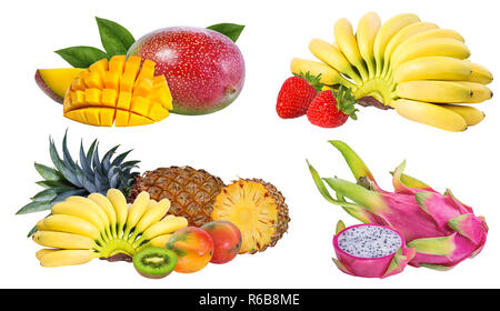 Ananas, Banane, Kiwi, Erdbeere, Dragon Obst und Mango auf weißem Hintergrund mit Freistellungspfad isoliert Stockfoto
