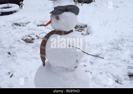 Schneemann. Schneemann trägt einen Hut und binden. Nase aus Möhren. Winter. Stockfoto