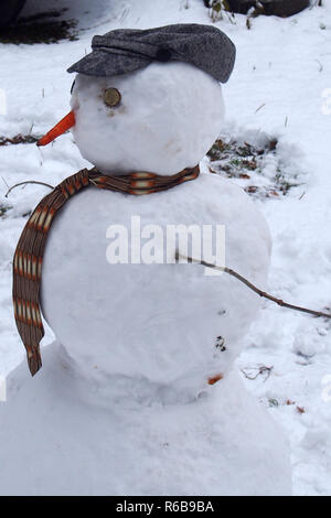 Schneemann. Schneemann trägt einen Hut und binden. Nase aus Möhren. Winter. Stockfoto