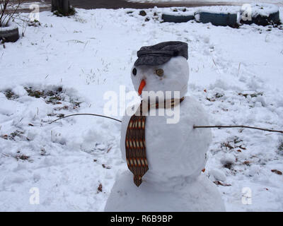 Schneemann. Schneemann trägt einen Hut und binden. Nase aus Möhren. Winter. Stockfoto