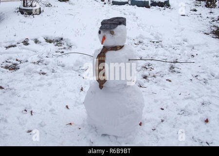 Schneemann. Schneemann trägt einen Hut und binden. Nase aus Möhren. Winter. Stockfoto