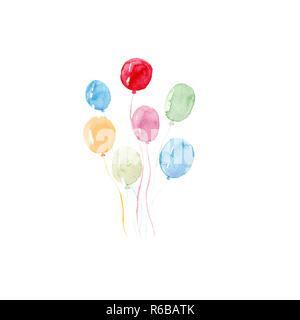 Aquarell bunter Urlaub Skizze Ballons closeup auf weißem Hintergrund Stockfoto