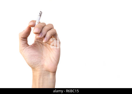 Ein 7/8 des Menschen Hand, Zigarette nach oben gegen den weißen Hintergrund. Stockfoto
