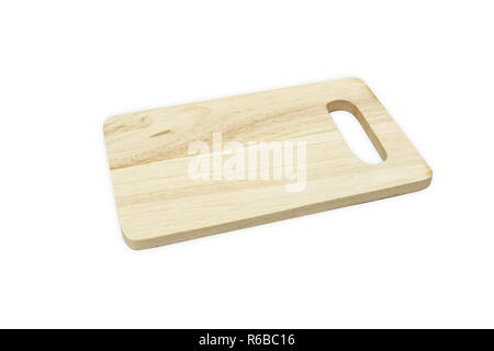 Nahaufnahme einer Holzplatte auf weißem Hintergrund. Beschneidungspfad gehören. Stockfoto