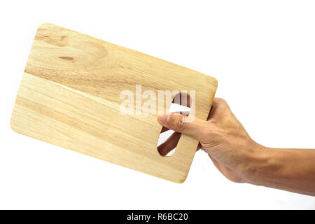 Ein 7/8 des Menschen Hand Holz- Platte gegen den weißen Hintergrund. Stockfoto