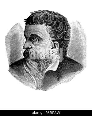 Vintage Gravur Portrait von Benvenuto Cellini (1500-1571), italienischer Goldschmied, Bildhauer, Zeichner, Soldat, Musiker, Künstler und Schriftsteller Stockfoto