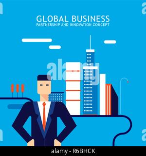 Erfolgreicher Geschäftsmann auf modernen City Downtown Hintergrund Erfolgreiches Geschäftskonzept Vector Illustration Stock Vektor