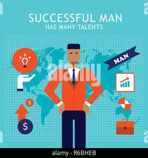Gerne erfolgreicher Geschäftsmann mit Business Icons Set flache Bauform Infografiken Vector Illustration Stock Vektor
