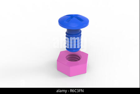 Spielzeug aus Kunststoff blau Schraube und Mutter rosa Paar. Männliche und weibliche Beziehungen Symbol. 3D Rendering illustration Stockfoto