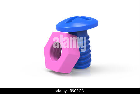 Spielzeug aus Kunststoff blau Schraube und Mutter rosa Paar. Männliche und weibliche Beziehungen Symbol. 3D Rendering illustration Stockfoto