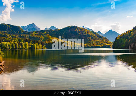 Einen wunderschönen Panoramablick über die beliebte Alpsee von einer geschützten Wald Landschaft mit den Alpen im Hintergrund umgeben unter einem blauen Himmel... Stockfoto