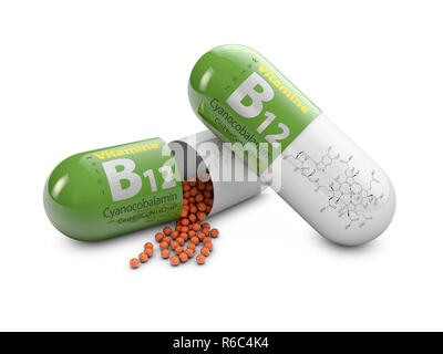 3D-rendering Vitamin B 12 Pillen auf weißen Hintergrund. Konzept der Nahrungsergänzungsmittel Stockfoto