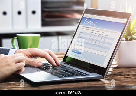 Unternehmer füllen Online Umfrage Formular auf Laptop Stockfoto