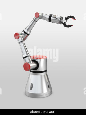 3D-Rendering white Roboterarm auf weißem Hintergrund Stockfoto