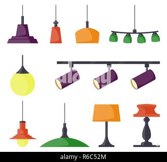 Lampen verschiedener Arten. Kronleuchter, Lampen, Glühbirnen, Tischleuchte, Spotlight - Elemente der modernen Inneneinrichtung. Vector Illustration im flachen Stil Stock Vektor