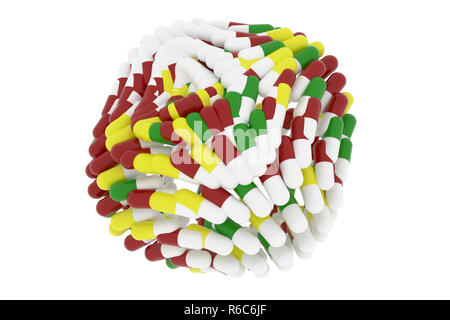 Gesundheit konzeptionelle, mit Bündel von Kapseln, Medizin oder Pillen, auf weißem Hintergrund. Geometrische 3D-Rendering. Stockfoto