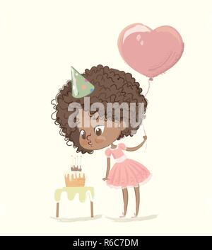 Cute Afrikaner - glückliches Mädchen mit Ballon und Geburtstag Hut tragen rosa dress up Ausblasen der Kerzen auf der Geburtstagstorte. Geburtstag Charakter Vector Illustration für Website Banner, Poster, Flyer, Einladung Stock Vektor