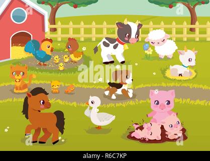 Cute Baby Bauernhof Tiere mit Dorf Landschaft - Kuh, Schwein, Schaf, Pferd, Hahn, Huhn, Huhn, Gans, Ziege, Katze, Hund. Cute cartoon Vector Illustration im flachen Stil Stock Vektor