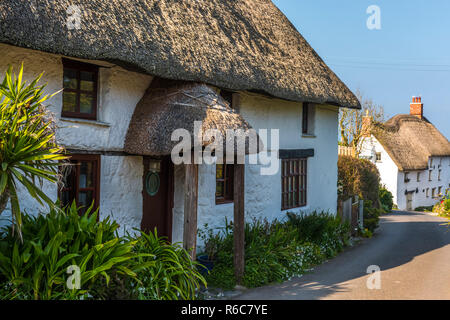 Ein malerisches Reetdachhaus in einer ruhigen Seitenstraße im Church Cove auf der Lizard Halbinsel in der Nähe von Lizard Village, Cornwall, England Stockfoto